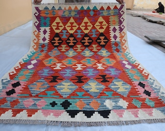 4x6 afghanischer Kelim-Teppich, flachgewebter moderner Teppich, turkmenischer handgefertigter orientalischer Teppich, traditioneller Wollteppich mit pflanzlichen Farbstoffen, Schlafzimmer- und Wohnzimmerteppiche