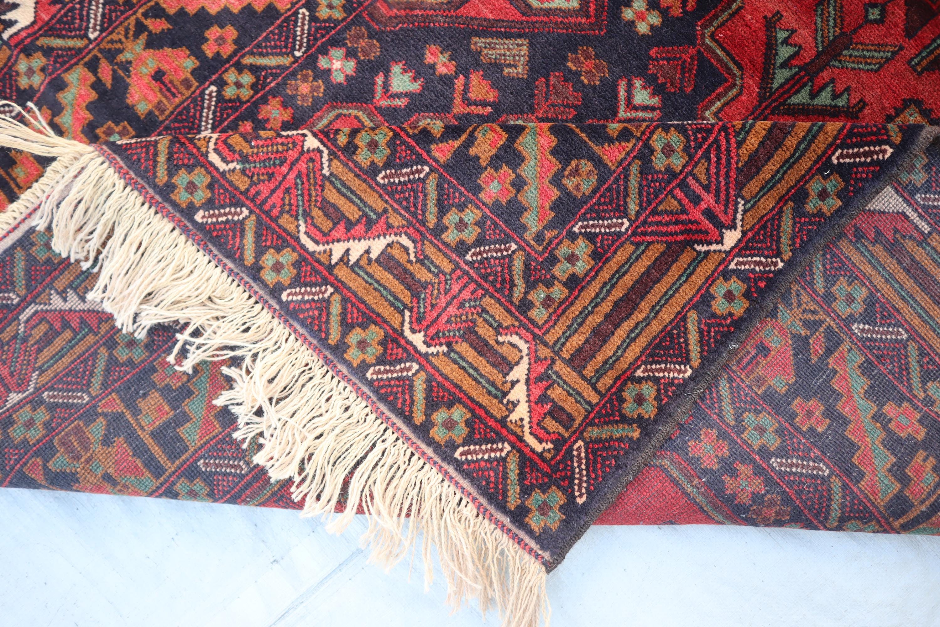 ヴィンテージ幾何学模様ラグ 4x6'5フィート、アフガニスタン手織り