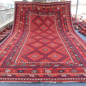 Large Vintage Kilim Rug 10x16 Afghan Handmade veg dye Wool Area Rug, Orange Red Blue Black Faded Geometric Boho Rug Bedroom Dining Table Rug