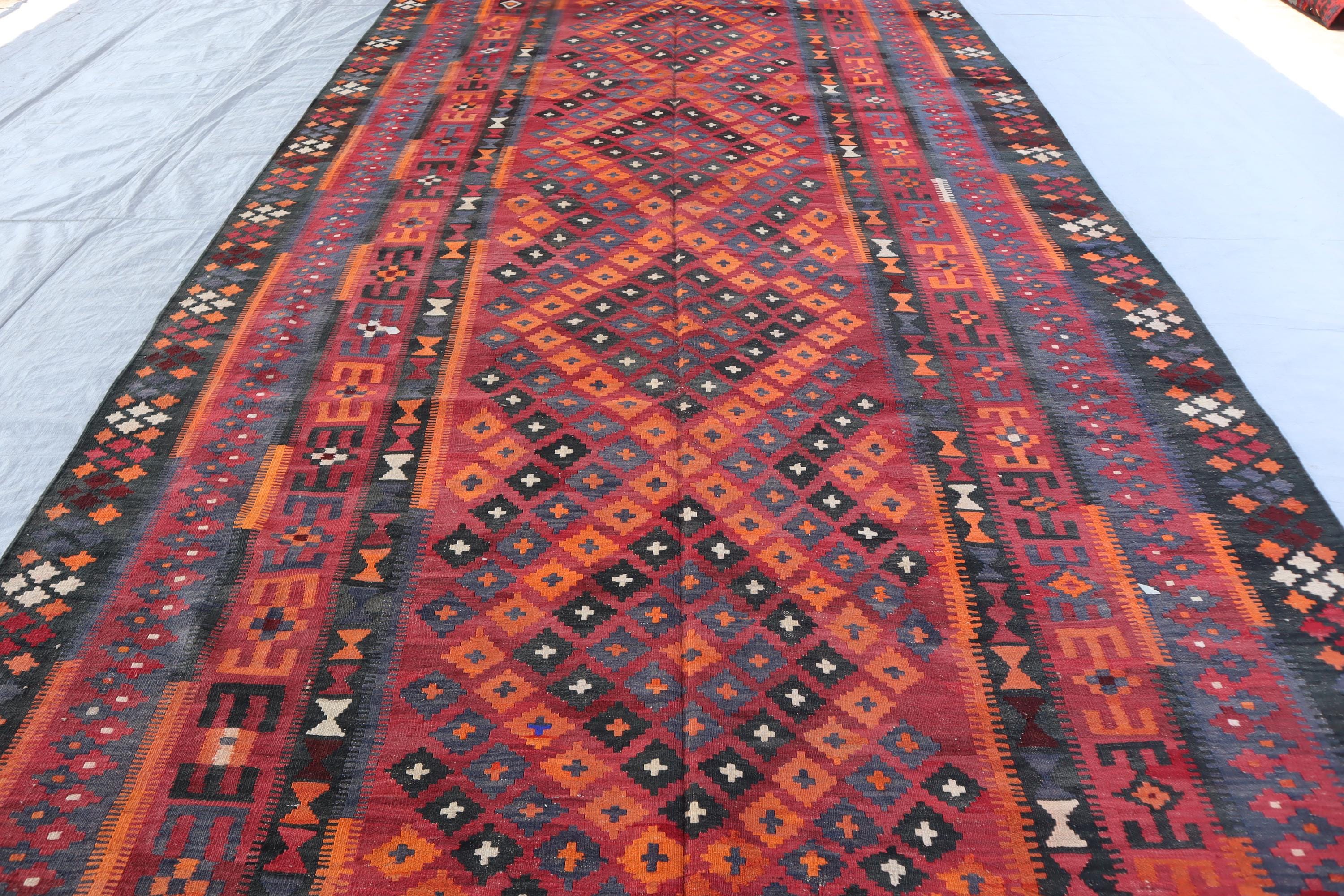 7'6x15'0 ft ヴィンテージキリムラグ、バーガンディオレンジアフガン