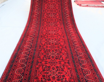 Red 3x17 Ft Long Runner Rug/ Turkmen Bokhara Hallway Rug/ Handmade 100% Wool Oriental Afghan Runner/ Extra Long Runner/16 Ft Stair's Runners