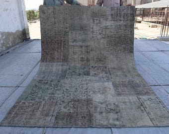 5.8x8.0 Ft Gray Afghan Patchwork Area Rug - Turkman Handmade Zero Pile Rug- Fine Wool Rug- Bedroom Rug - Dining Table Rug - Rug For Kitchen