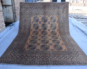Collectible Rug 6'7x9'4 ft Large Vintage Turkmen Filpai Design Rug, Hand Knotted Wool Soft Pile Distressed Faded Rug, Red Tribal Ersari Rug