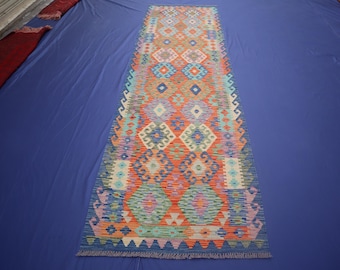 10 ft Long Runner Rug - 80x300 cm Afghan Handmade Kilim Rug - Natural dyes Wool Runner Rug - Turkmen Flatweave Area Rug - Hallway Rug Runner