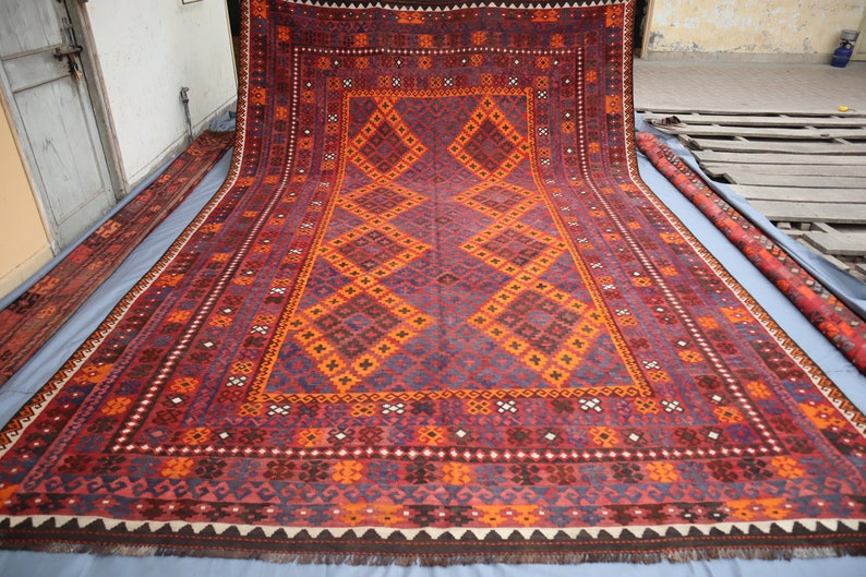 15x10 Large Afghan Kilim Area Rug/ Orange Gray Blue High Quality Rug/ Veg Dye Wool Palace Size