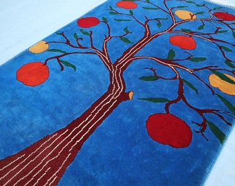 3'5x5'0 ft Blauer Lebensbaum-Teppich, einzigartiger afghanischer handgefertigter Wollteppich, malerischer Teppich, Teppich für Schlafzimmer, Kinderzimmer-Boho-Teppich, Eingangsteppich
