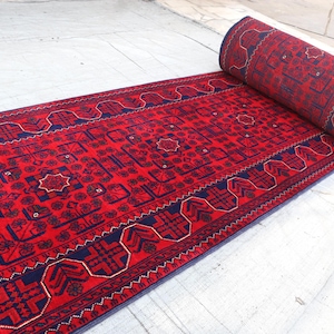 48 Feet Extra Long Runner Rug, Afghan Hand Knotted High Pile Rug, Stairs Runner, Aisle Runner, Turkoman Red Bukhara Runner, Hallway Runner