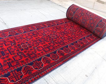 48 voet extra lang loper, Afghaans handgeknoopt hoogpolig tapijt, loper trap, loper gangpad, loper Turkmeens-rode bukhara, loper gang