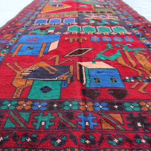 3&#39;6x6&#39;7 ft Red Green Afghan Handmade Art Pictorial Rug- Veg dyes Wool Soft Pile Rug- Tribal Baluchi Rug- One of a kind rug- Kids Room Carpet