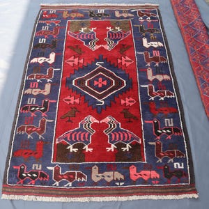 3x5 Red Blue Vintage Pictorial Animal rug - Afghan Pictorial Baluchi Rug - Boho Soft Pile Wool Rug - Turkmen Hand knotted Rug - Kitchen Rugs