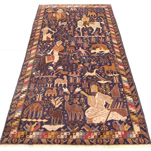 Collectible Pictorial Rug 3&#39;8x7&#39;0 ft, Afghan Handmade Antique Balochi Rug, One of a kind Rug Navy Blue Tree Of Life Rug, Living Room Rug 4x7