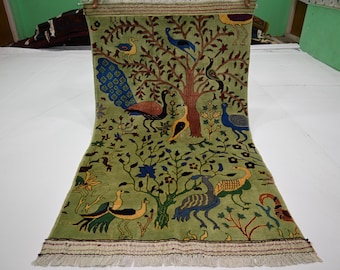 3'3x5'4 ft, Green Red Blue Pictorial Rug / Afghan Handmade Wool Sot Pile Tree Of Life Rug / Natural Veg dye Rug / Birds Trees Wall Decor Rug