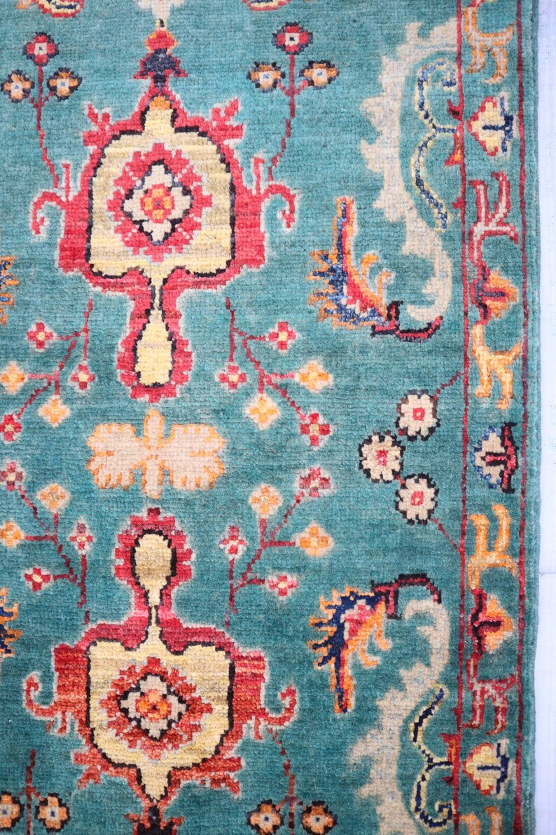 2x6 Ft Turquoise Runner Rug/ Turkish Serapi Design Rug/ Turkmen Tribal