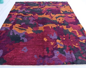 Paars tapijt Afghaans gabbeh-tapijt 8 x 10, abstract designtapijt, organische kleurstoffen wol modern tapijt, handgemaakt paars magenta tapijt, tapijt slaapkamer woonkamer