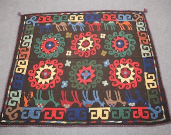 4&#39;5x5&#39;4 ft Antique Black Blue Suzani Textile, Collector&#39;s Piece Hand Embroidered Uzbek Suzani Wall Hanging, Suzani Needlework Home Decor 4x5