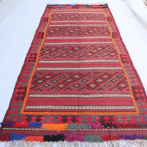 Alfombra de pasillo Sumak Kilim rústica de color beige rojizo de 1,30 x 2,90 m - Alfombra de lana afgana vintage hecha a mano - Alfombra oriental de tejido plano turcomano - Alfombra ancha para pasillo
