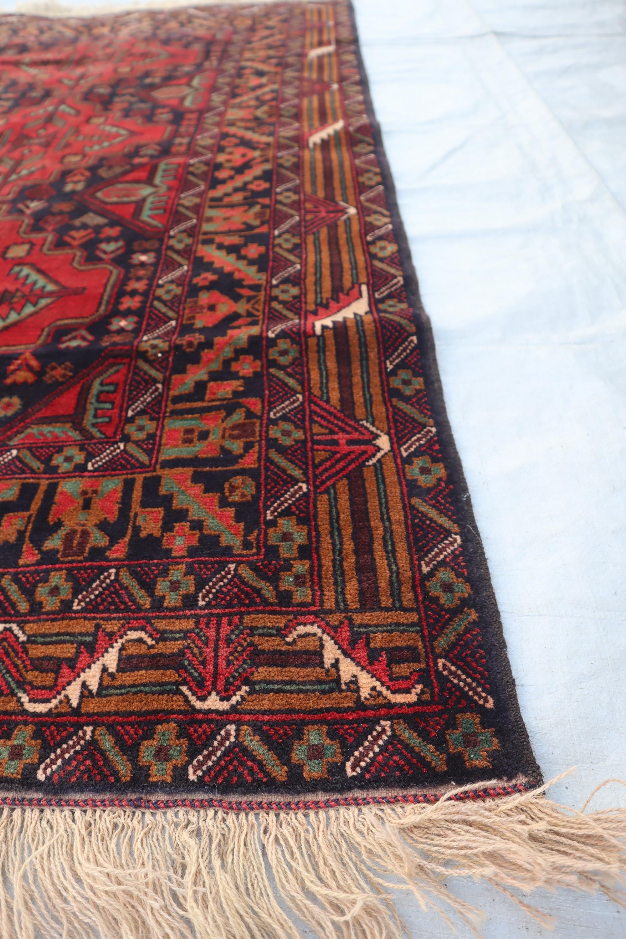 ヴィンテージ幾何学模様ラグ 4x6'5フィート、アフガニスタン手織り