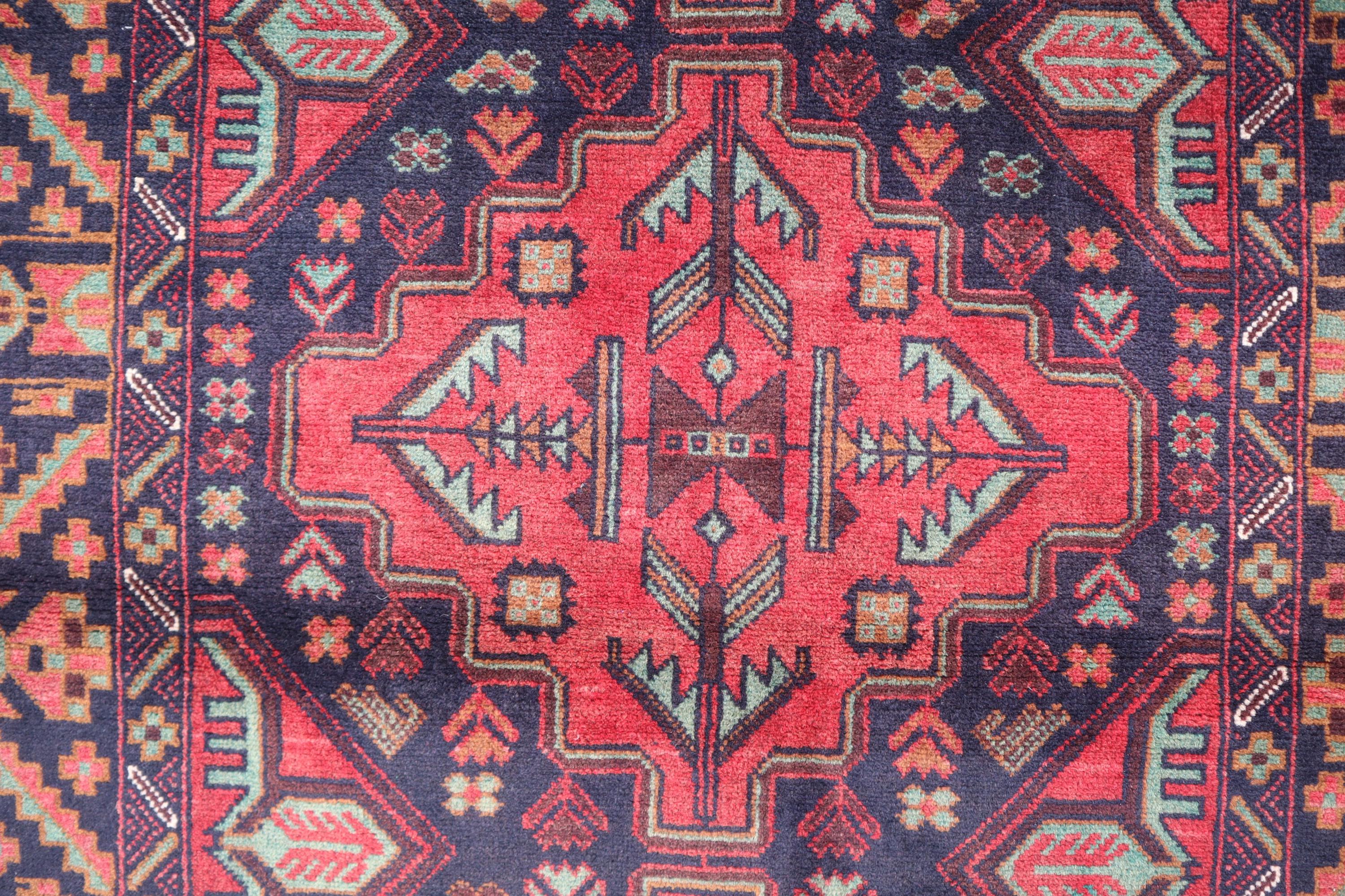 ヴィンテージ幾何学模様ラグ 4x6'5フィート、アフガニスタン手織り