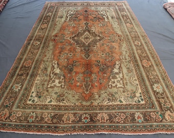 1960s Antique Terracotta Vintage Rug 7x10 Turkmen Hand-knotted Rug- Afghan Traditional Rug- Tribal Rug- Geometric Rug- 7x10 Dining Table Rug