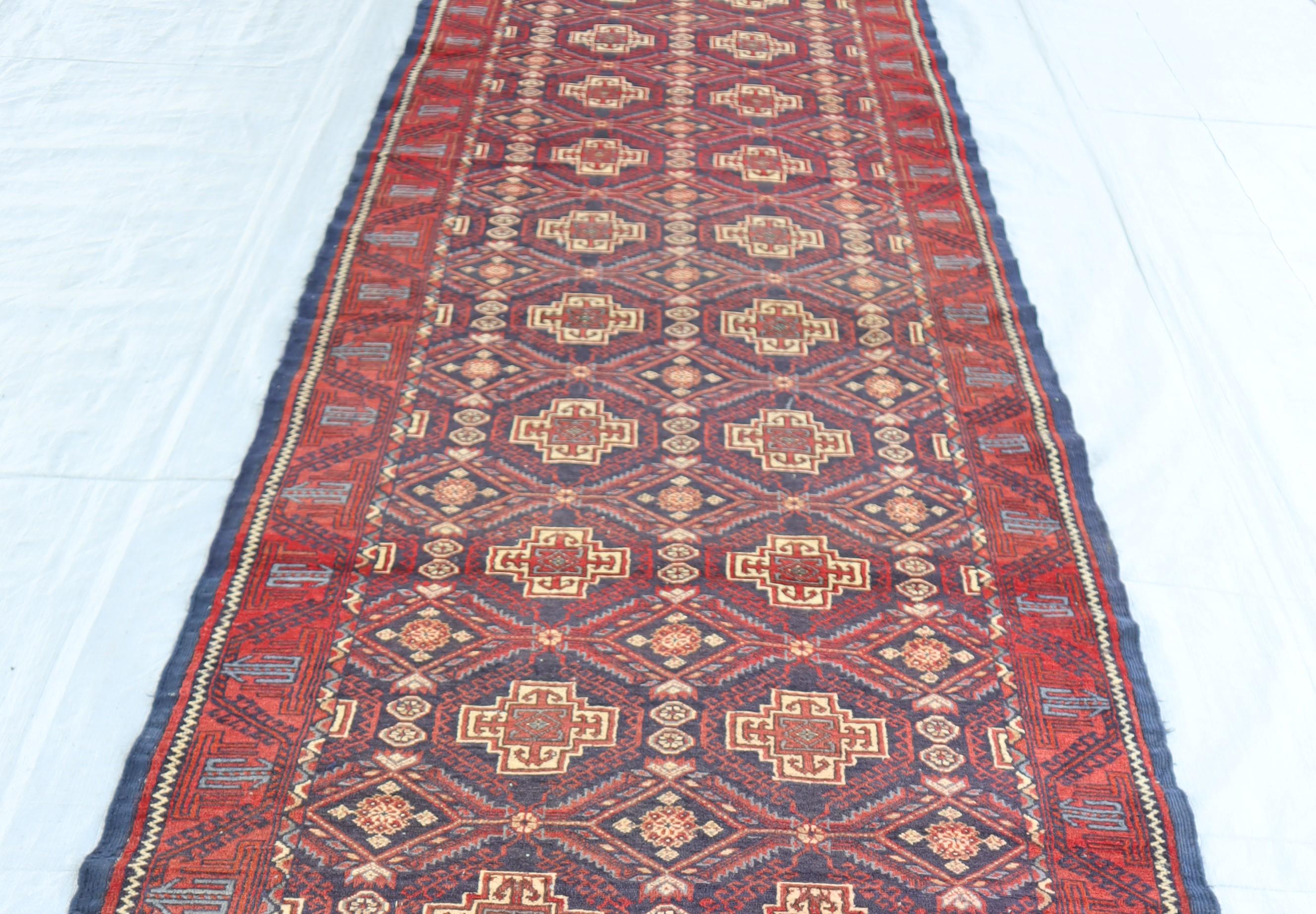 13フィートの長さのネイビーレッドのヴィンテージトルクメンワイド廊下