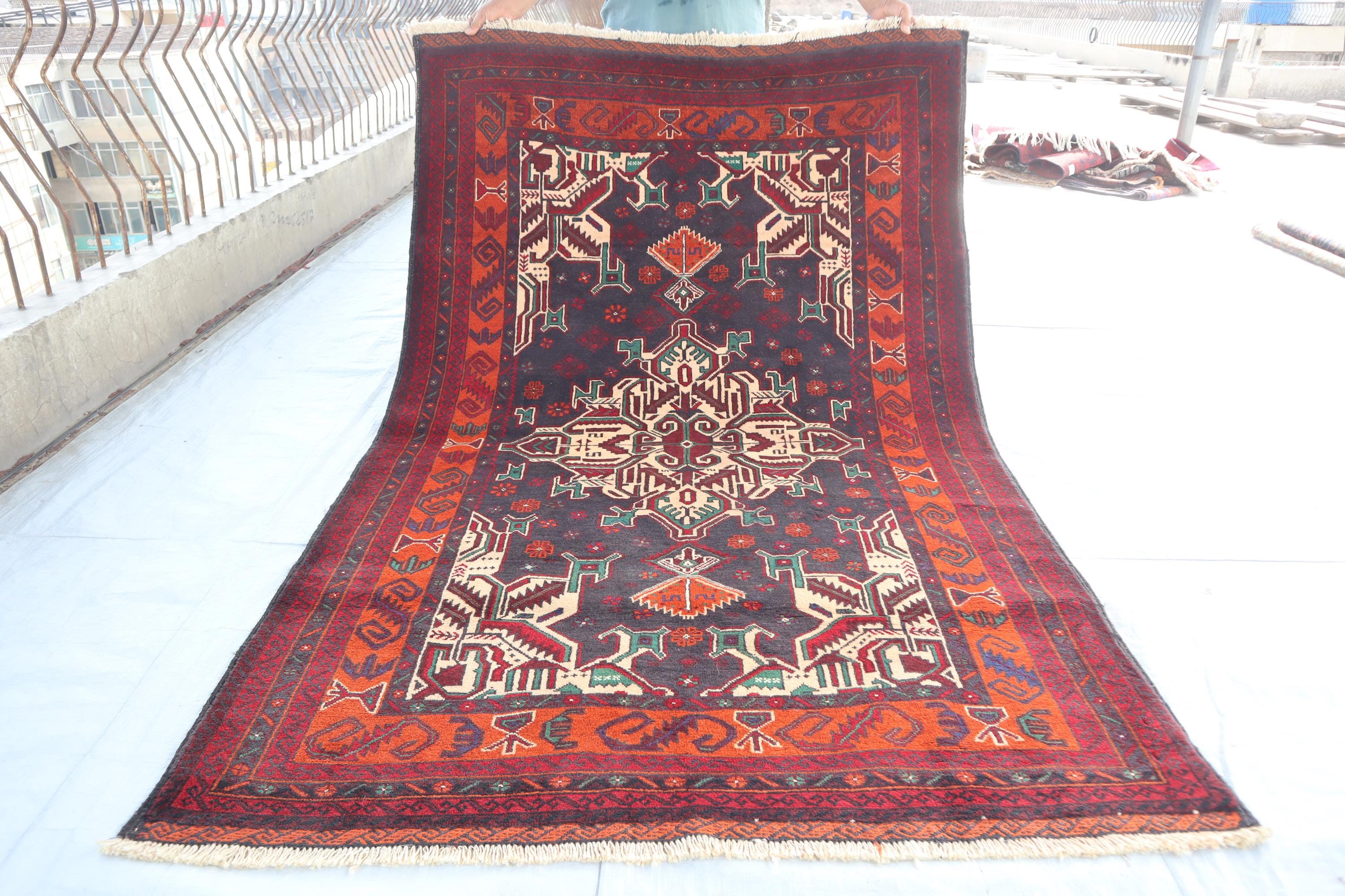 4'5x7'0 Ft Afghan Red Gray Vintage Turkmen Handmade Wool Area Rug