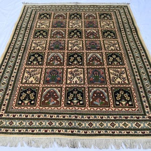 5x7 ft Beige Blue Flower Pot Pictorial Rug/ Afghan Handmade High Pile Soft Bakhtiari Rug/ Oriental Rug/ Living Room Rug/ Bedroom Office Rug