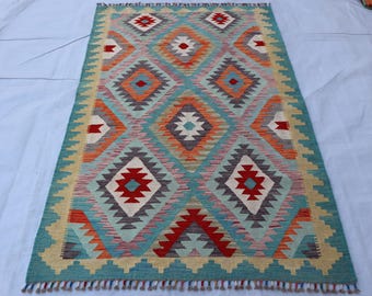 4'3x6'5 ft, Handmade Kilim Area Rug, Wool Natural Colors Afghan Turkish Nomad Bohemian Traditional Kilim Rug, Flatweave Reversible Wool Rug
