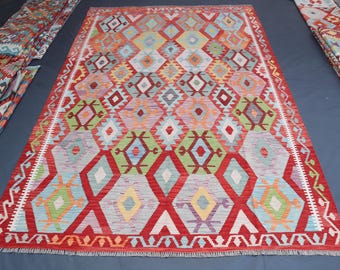 7x10 Ft Handmade Kilim Area Rug, Natural Colors Afghan Turkish Nomad Traditional Wool Rug 7x10 Area Rug, Hand woven Wool Rug, Kitchen Carpet