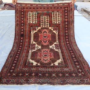 Vintage Afghan Prayer Rug 3&#39;2x4&#39;4 ft- Antique Bukhara Rug-Oriental Turkmen Area Rug- Handmade Wool Rug- Vintage 1970s Red Muslim Prayer Rugs