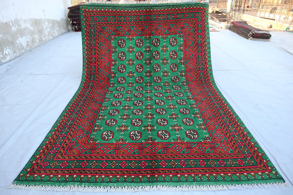 Afghan Vintage Rug, Green Burgundy 5'4x7'10 ft Handmade Wool Rug, Geometric Turkmen Mowri Rug, Organic Dyes Soft Green Rug, Traditional Rug