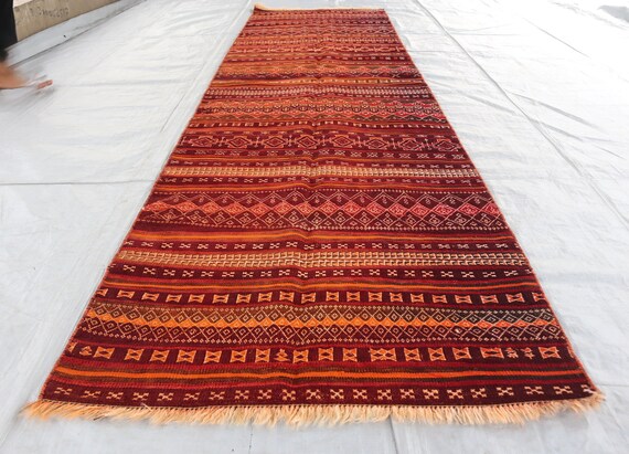 3'2x10'2 Ft, Vintage Afghan Handwoven Kilim Rug- Kitchen Rug- Vintage Bokhara Rug- Afghan Handmade Rug- Turkmen Tribal Rug, Red Black Orange
