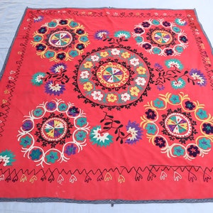 6&#39;5X6&#39;3 FT Hand Embroidered Antique Suzani Textile- Needle Work Suzani Table Cover- Handmade Home Décor Wall Hanging Suzani-Farmhouse Decor