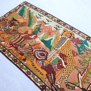 3x5 ft Collectors Piece Pictorial Rug, Afghan Handmade 1980s Antique Rug/ Animals Trees Design Nomadic Art deco Carpet/ 3x5 Dining Table Rug