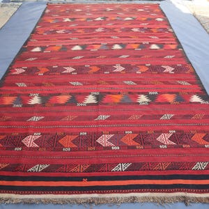 Vintage Kilim Rug 7&#39;5x13&#39;5 ft Red Black Beige Trible Design Flatweave Rug, Oriental Rug, Collectible Kilim Rug, Dining Table Rug, Office Rug