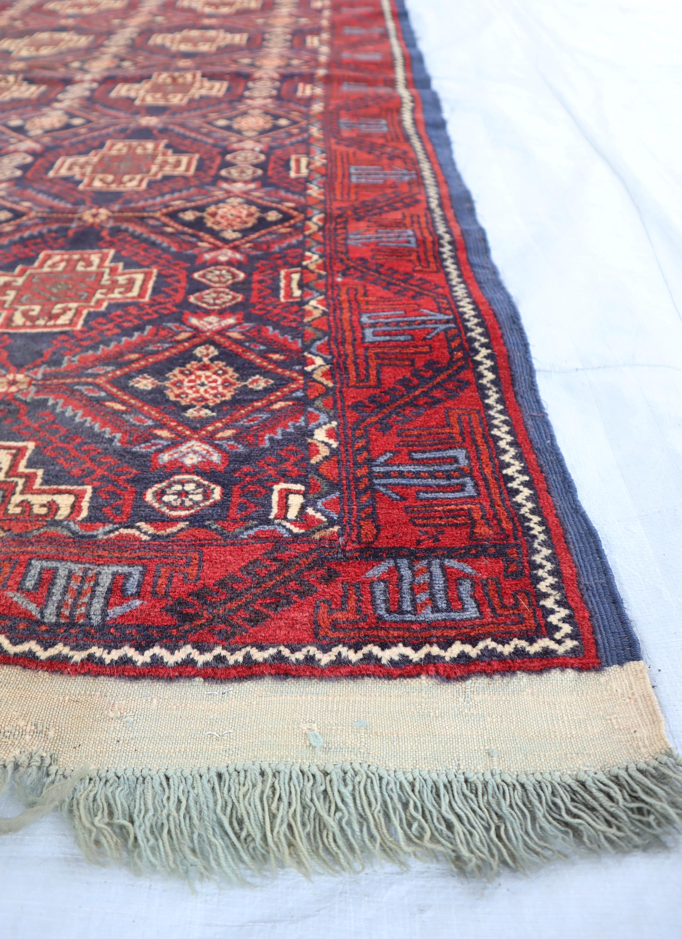 13フィートの長さのネイビーレッドのヴィンテージトルクメンワイド廊下