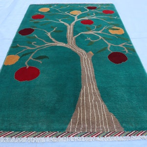 3x5 Afghan Pictorial Rug 100x150 cm Light Green Red Turkmen Handmade Rug, Oriental Area Rug, Peacock Animals Birds Trees Rug, Kids Room Rug