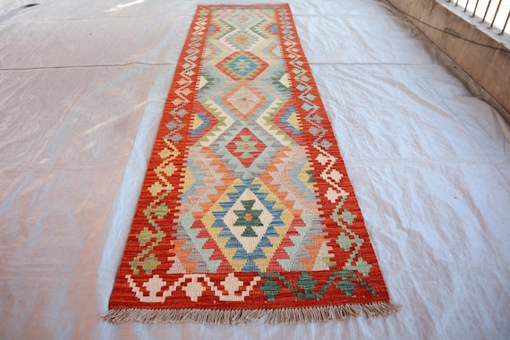キリムランナー 2.8x9.6フィート アフガニスタン手織りラグ