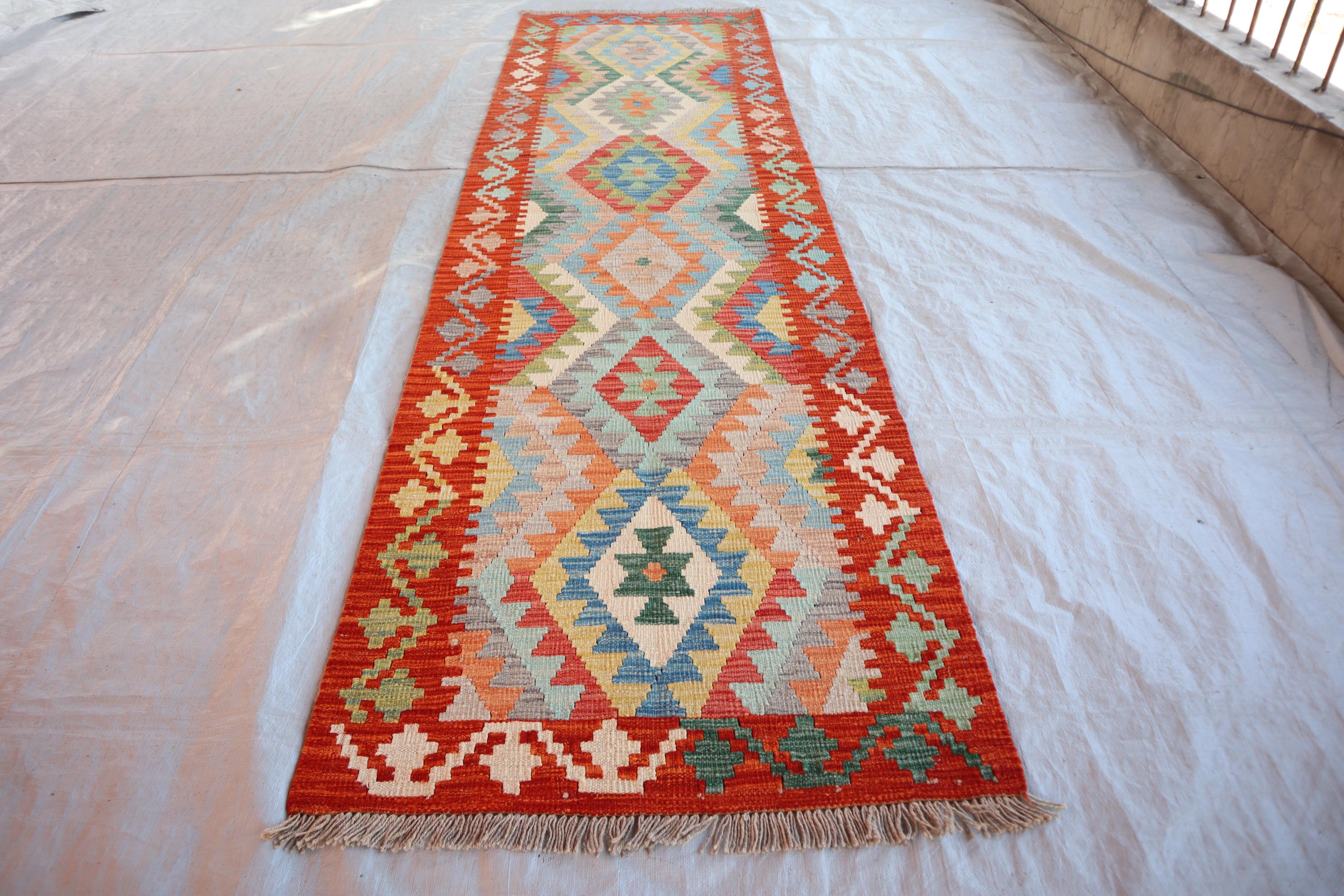 キリムランナー 2.8x9.6フィート アフガニスタン手織りラグ