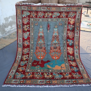 Tree Of Lie Rug 5x7 ft Afghan Hand Knotted Wool Area Rug / Trees Hose Patterned Traditional Art Rug / Oriental Rug/ Kids Room Rug 150x200 cm