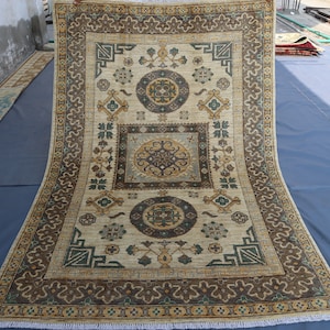 5x7 Afghan Beige Gray Khotan Rug/ Authentic Turkmen Handmade Geometric Mamluk Design Rug/ Oriental Kazak Rug For Office Bedroom, Living Room