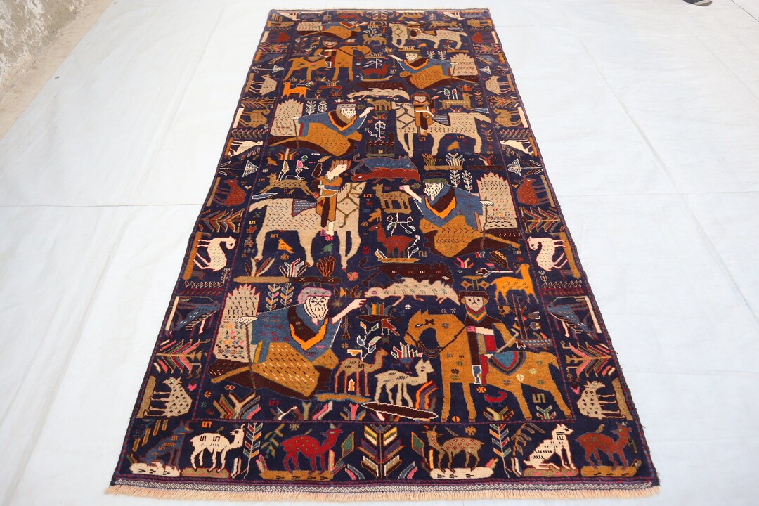 4'0x8'4フィート、アフガニスタン手織り100%ウール絵画ラグ