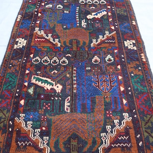 3x5 ft, Collectors piece Art deco Pictorial Rug, Vintage Pictorial Rug, Afghan Handmade Baluch Rug, Antique Tribal Natural dye Wool Area Rug