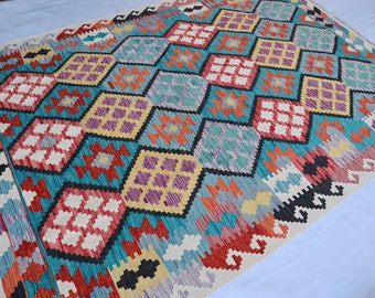 200x250 Afghan Kelim Teppich, Türkis Rot Flachgewebe Moderner Teppich Turkmenischer Handgefertigter Orientteppich, 200x250 Traditioneller Teppich für Schlafzimmer Wohnzimmer