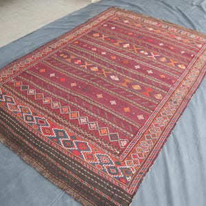 5x7 ft Afghan Vintage Soumak Kilim Rug, Turkman Handwoven Flatweave Wool Striped Rug, Tribal Antique Soumak Rug, Oriental Rug, Kitchen Rugs