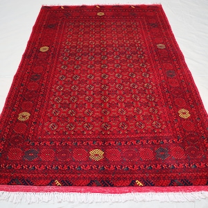 4.1x6.3 Stunning Bokhara Red Rug - Vintage Afghan Hand Knotted Area Rug - Tribal Turkoman Mori Oriental Rug - Bedroom Rug - Living Room Rugs