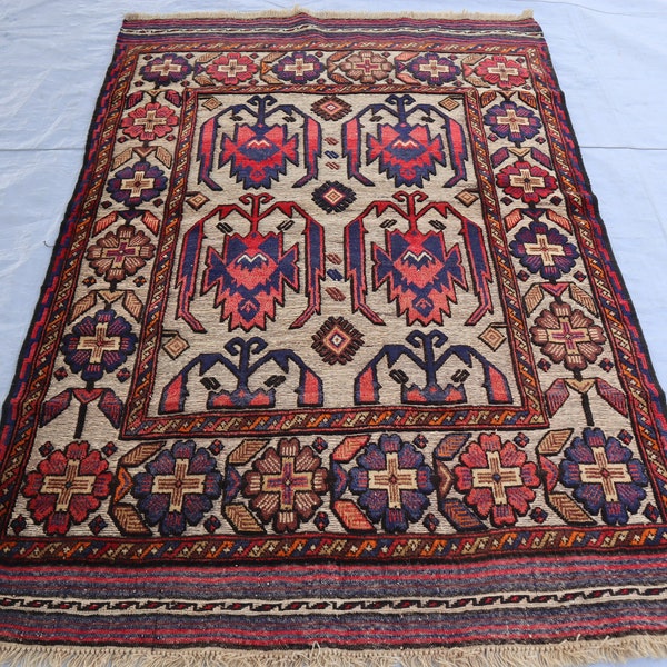 1970's Vintage Rug 4x6 Ft, Turkmen Tribal Sumak Rug, Hand Knotted Afghan Wool Rug, Entry Way Rug, Kitchen Rug, Vintage Baluch Rug-Home Décor