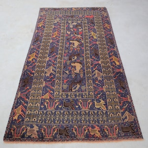 Large Vintage Pictorial 4.2x8.3 Ft Rug, Antique Afghan Baloch Home Décor Rug, Handmade High Pile Soft Wool Rug, Piece Of Art Pictorial Rug