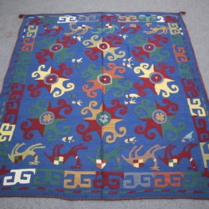 Blue Red Suzani Bed Cover 5.5x6 Ft- Handmade Suzani Fabric Vintage Living Room Décor-Hand Embroidered Table Cover- Needle Work Wall Tapestry