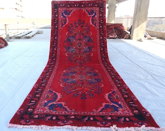 4x10 ft Dark Blue Red Runner- Vintage Oriental Runner Rug- Afghan Handmade High Pile Soft Wool Hallway Rug- Entryway Rug- Kitchen Rug 4x10