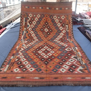 Large Vintage Kilim Rug 6'10x11'8 Afghan Handmade veg dyes Wool Faded Area Rug, Rusty Red Black Terracotta Rug, Geometric Boho Bedroom Rugs